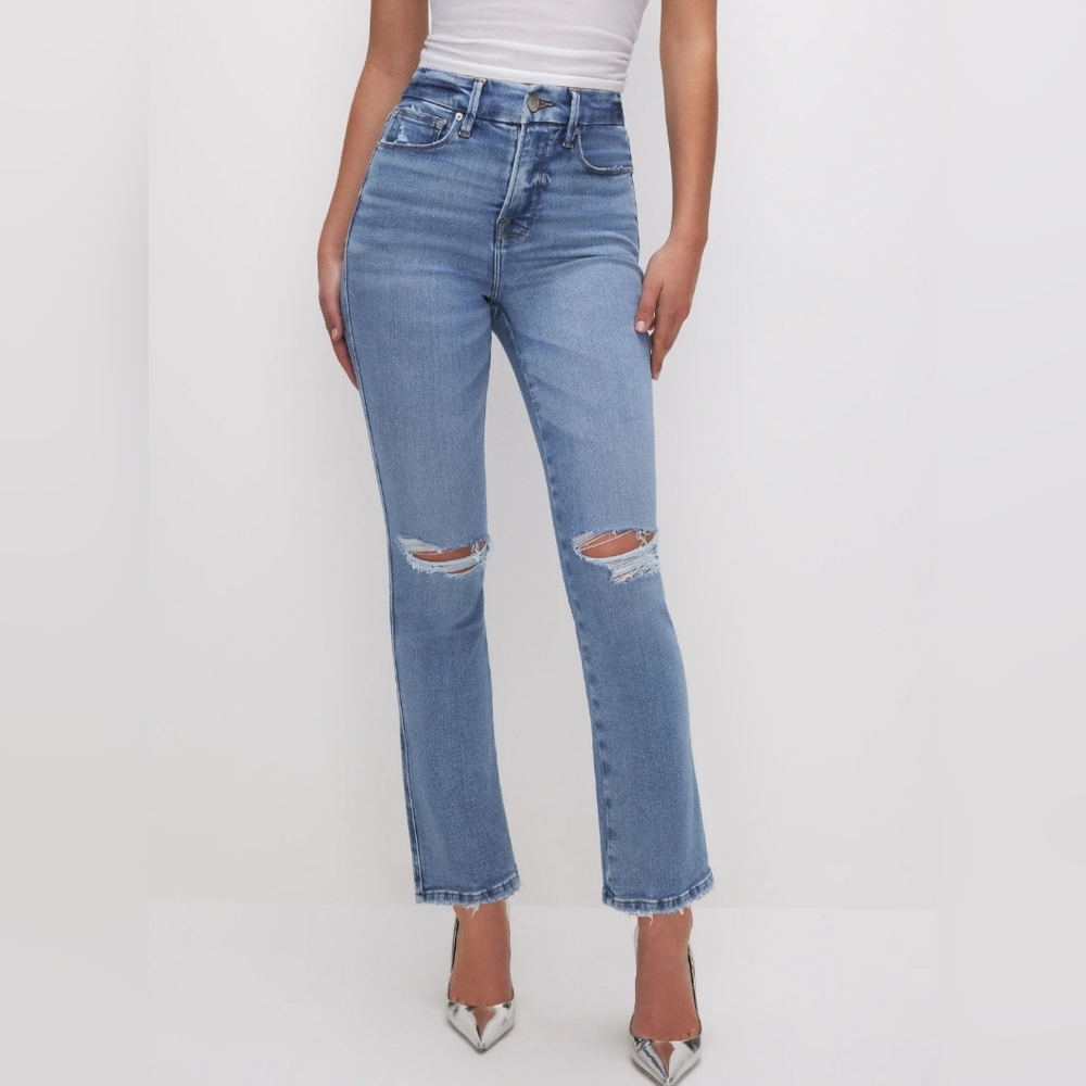 Good American Light Blue Distressed Straight Leg Jeans